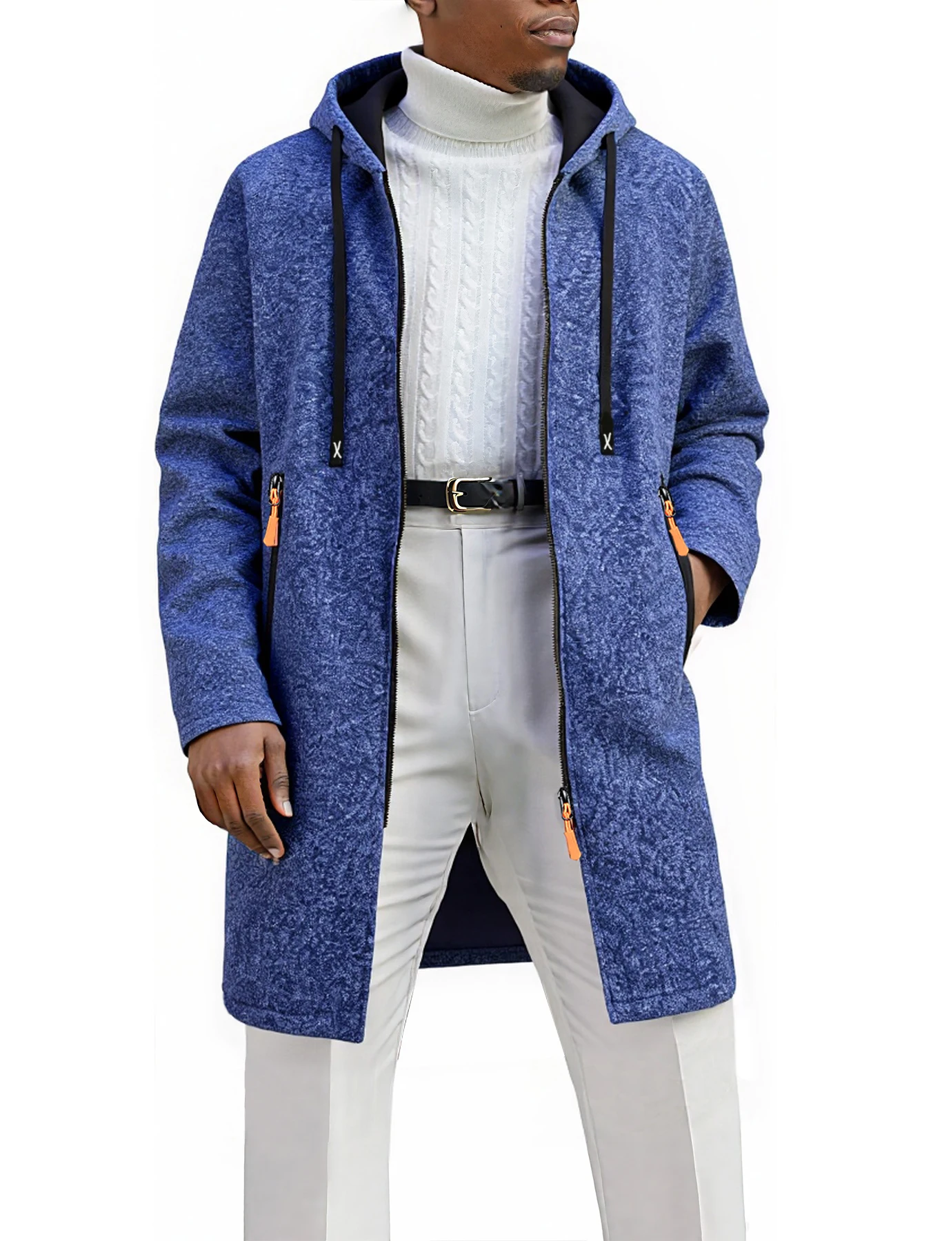 Men Mid‑Length Hooded Full Zip Sweatshirt Hooded Outerwear Fleece Lined Coat With Drawstring Zipper Pockets