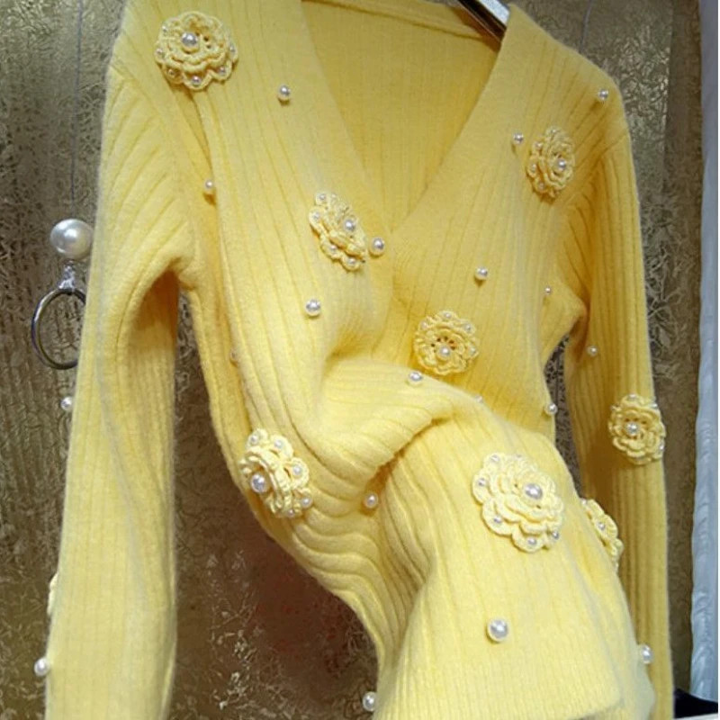 Hooked 3D Flowers Pearls Beaded Yellow Sweater Coat Fairy Floral Crocheted Knitted Cardigan Elastic Knitwear V-Neck Jumpers Tops