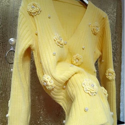 Hooked 3D Flowers Pearls Beaded Yellow Sweater Coat Fairy Floral Crocheted Knitted Cardigan Elastic Knitwear V-Neck Jumpers Tops