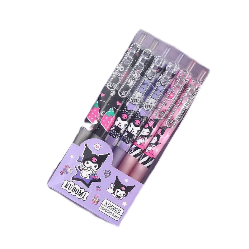 Sanrio 12pcs/Set Gel Pen New Cartoon Kuromi Round Beads By Writing 0.5mm Black Stationery Signature Writing Stationer Office