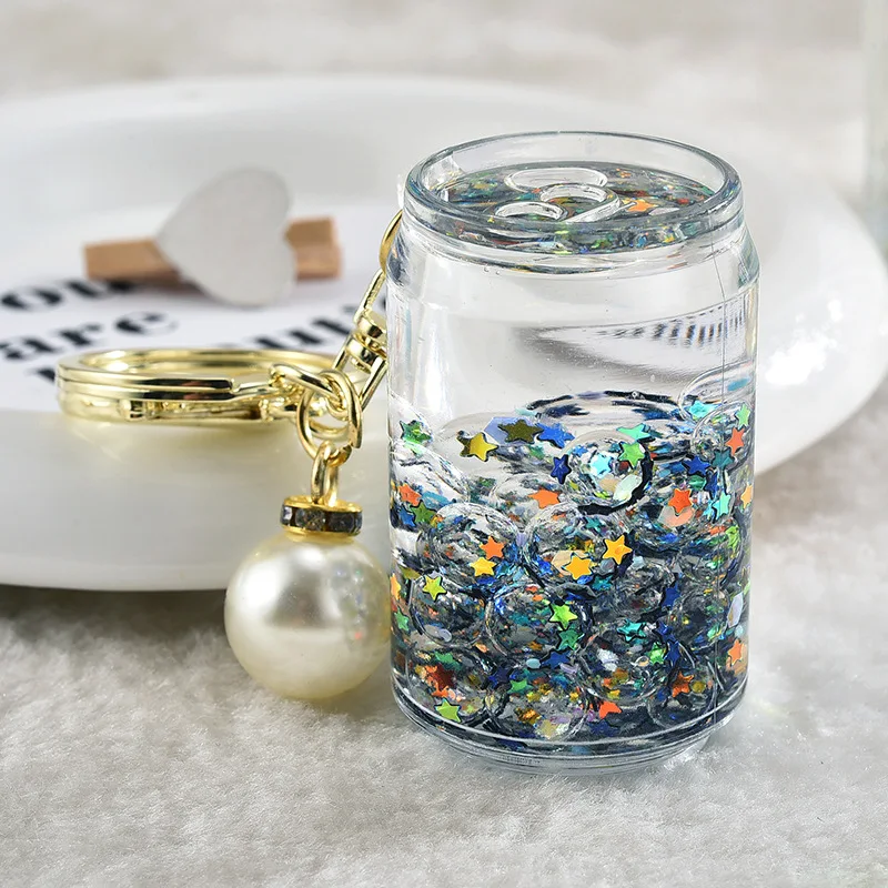 Creative Drift Bottle Beverage Can Quicksand Keychain Cute Star Glitter Sequin Jelly Bean Beaded Drink Bottle Liquid Key Chain