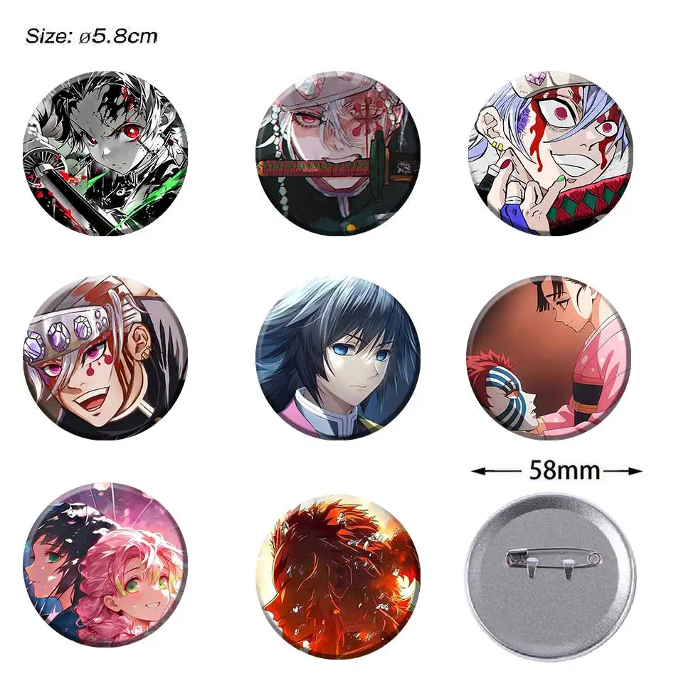 

Demon Slayer Anime Character Tanjiro Zenitsu Inosuke Badge Creative Cartoon Round Brooch Backpacks Clothing Soft Button Pins