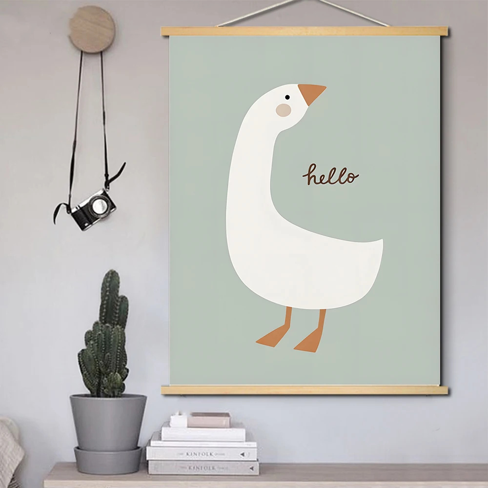 Kawaii Goose Leopard Bear Cherry Butterfly Wall Art Wood Hanging Scroll Painting Poster Prints Wall Pictures Baby Kids Room Deco