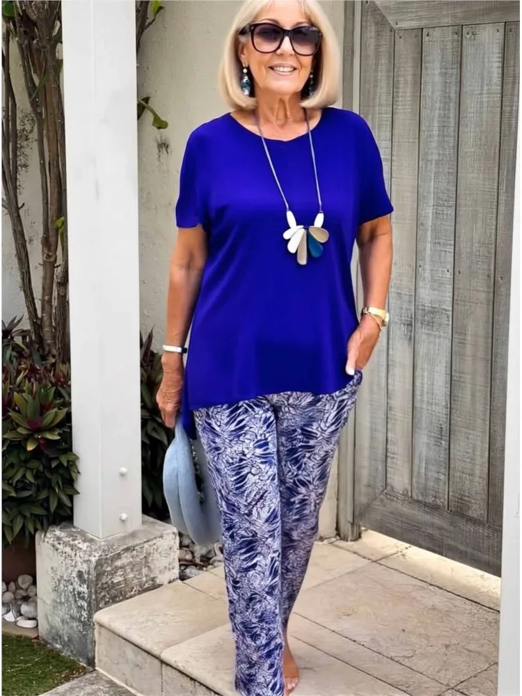 أزياء الملابس النسائية مجموعة جديدة من 2 قطعة الصيف قصيرة الأكمام أعلى طباعة بانت عارضة دعوى مكتب عطلة حزب مجموعات للنساء