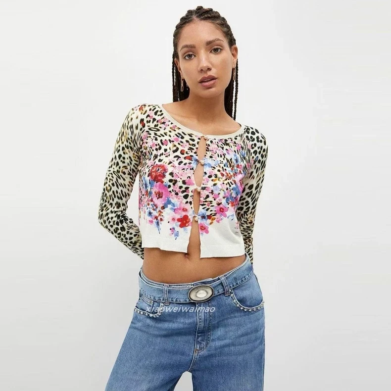 Comércio exterior original único italiano novo verão impressão com decote em v malhas femininas finas