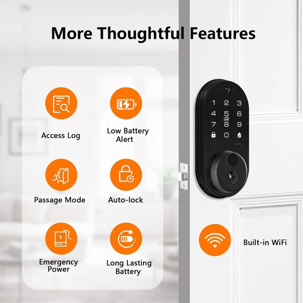 Fingerprint Smart Lock with Camera, Keyless Entry Door Lock for Front Door, Video Smart Deadbolt with Doorbell, Built-in 2.4GHz