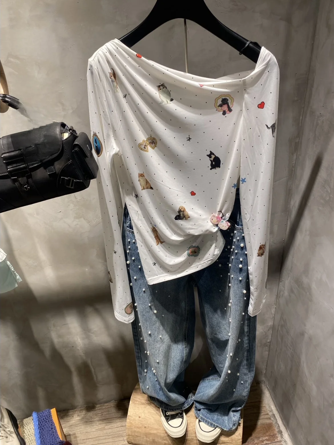 

Женская футболка Heidd с длинным рукавом и асимметричным вырезом на плече, с милым мультяшным принтом животных, из смесового полиэстера и спандекса, зимняя коллекция