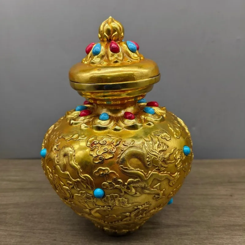 Pure with gemstone inlay and dragon pattern, antique-style gilded copper wealth jar, treasure bowl