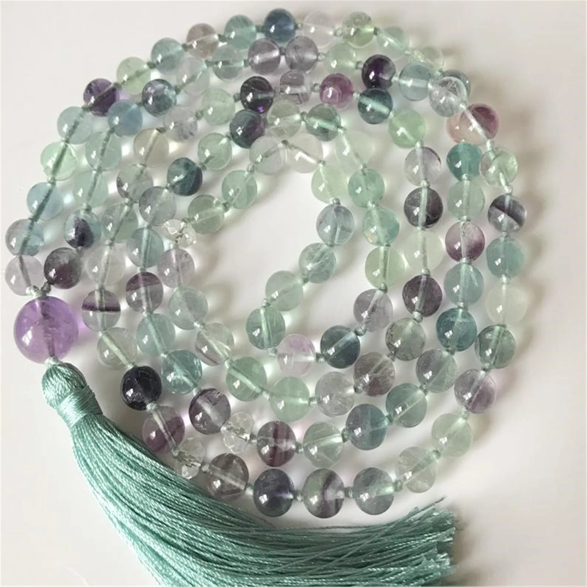 

8mm Natural Rainbow Fluorite 108 Beads Tassels Necklace Men's Stone Enthusiasts Sacred wear Mala Yoga