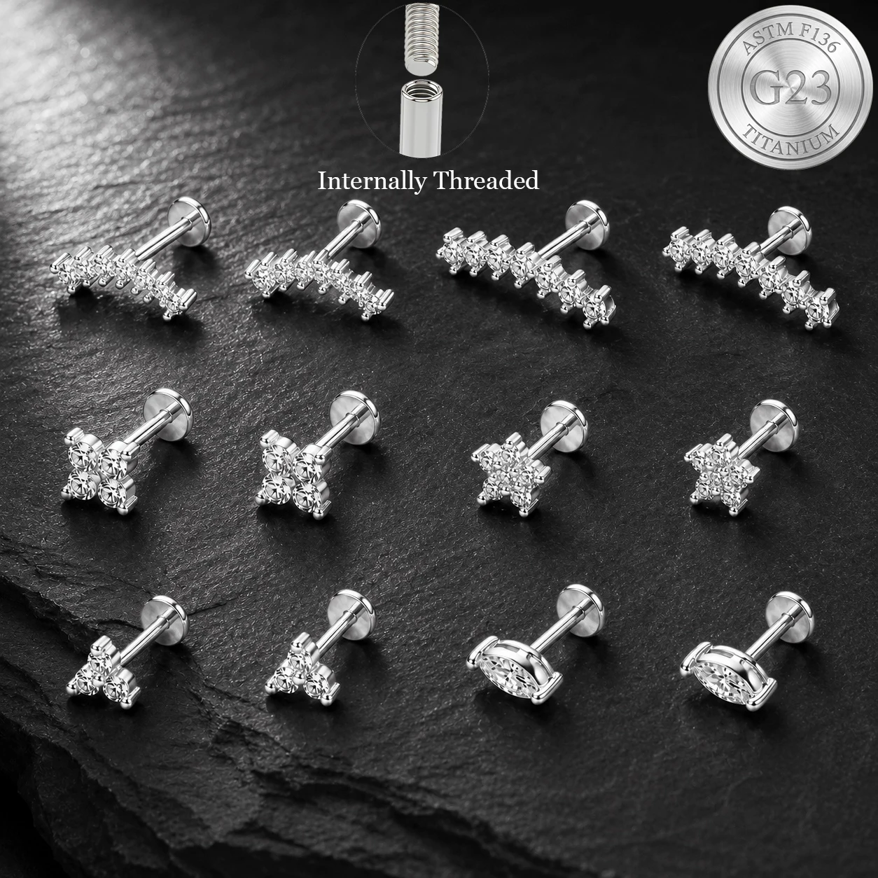 EVISPOL ASTM F136 G23 Titanium Labret Lip Rings Stud Earrings for Women Men Hypoallergenic CZ Tragus Helix Piercing Jewelry Gift