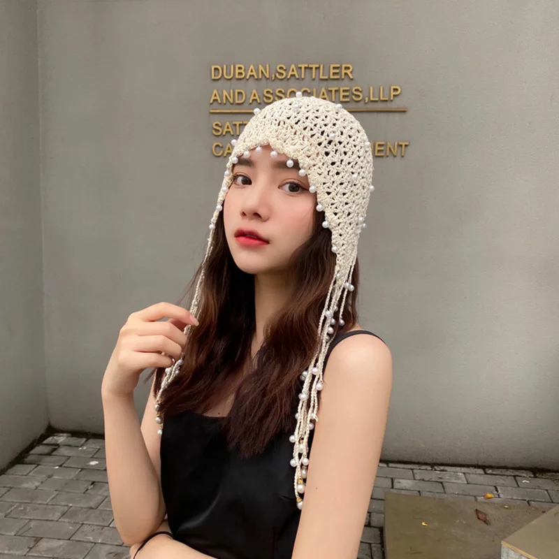 Women Princess Hat Fashion Hollow Retro Literary Head Cap Cover White/black Hair Ethnic Wind Handmade Knitted Hat Tassel Pearl