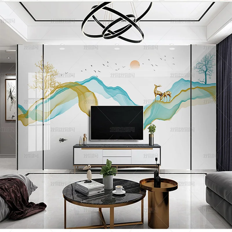 Custom 3D Chinese abstract ink mural golden birds smoke landscape elk wallpaper TV living room background wall deer bedroom 8d