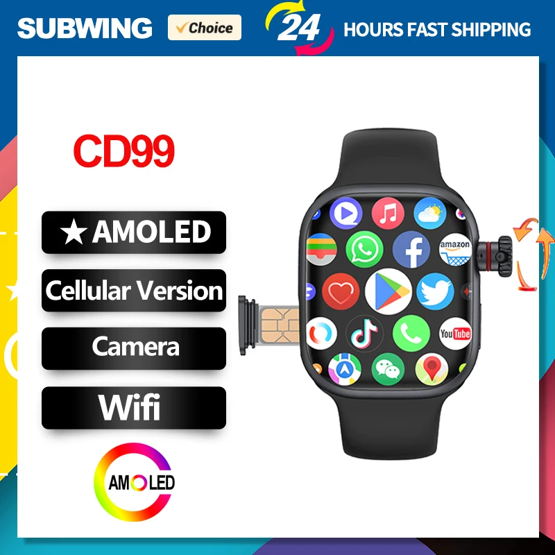 CD99 셀룰러 카드 버전 스마트 워치, 2GB RAM AMOLED Wifi GPS, 32GB ROM 위치 앱 다운로드, 블루투스, 남성 여성 무선 2024