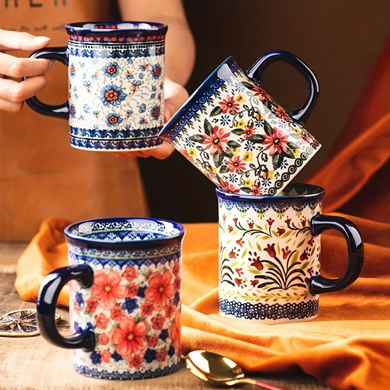 

1PCS 440ML Vintage Hand-Painted Floral Ceramic Coffee Mug with Handle Polish Style Breakfast Oatmeal Mug Valentine'S Day Gifts