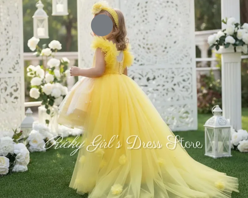 Lovely Tulle Yellow Flower Girl Dresses With Detachable Train 3d Floral Pearls Kids Birthday First Communion Gowns Customized