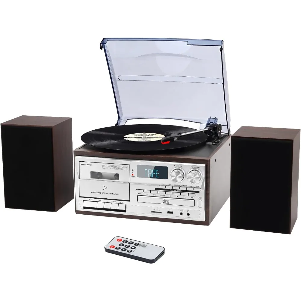 10 in 1 Record Player with Speakers,3 Speed Turntable Vinyl Player with CD/Cassette Play,AM/FM Radio,Aux-in/RCA Line Out