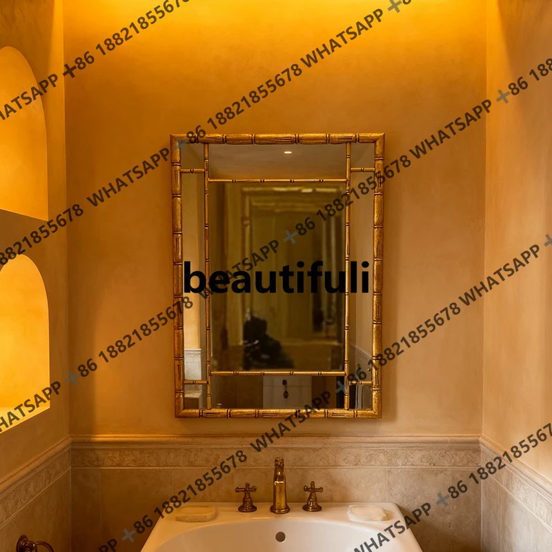 French light luxury bamboo frame bathroom mirror wall-mounted square makeup mirror dining side creative Chinese advanced