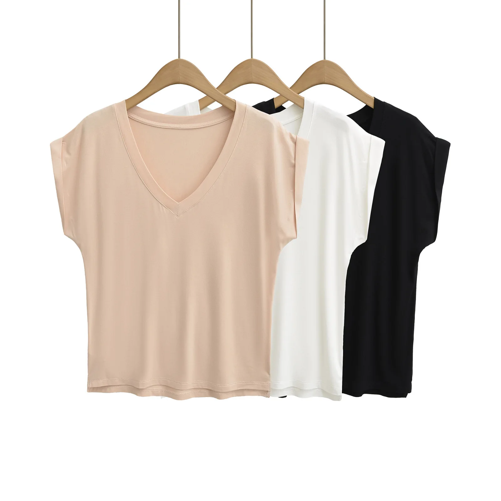 Relaxed V-neck off-shoulder lightweight short-sleeve top summer off-shoulder loose-fitting casual versatile T-shirt in a pure KX