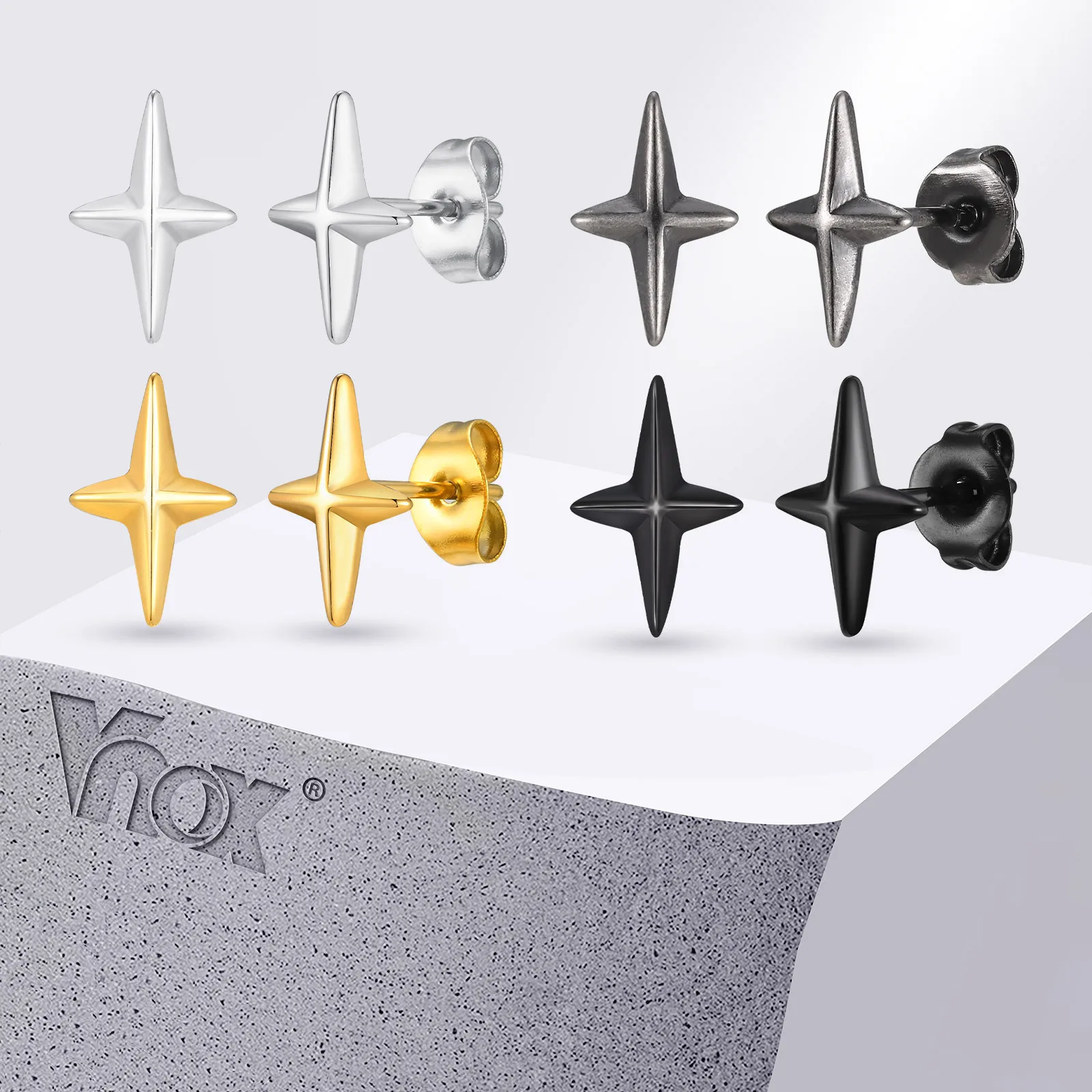 Vnox Small Cross Unisex Earrings, Four Pointed Star Mens Women Stud Earrings, Anti Allergy Stainless Steel Brincos Jewelry