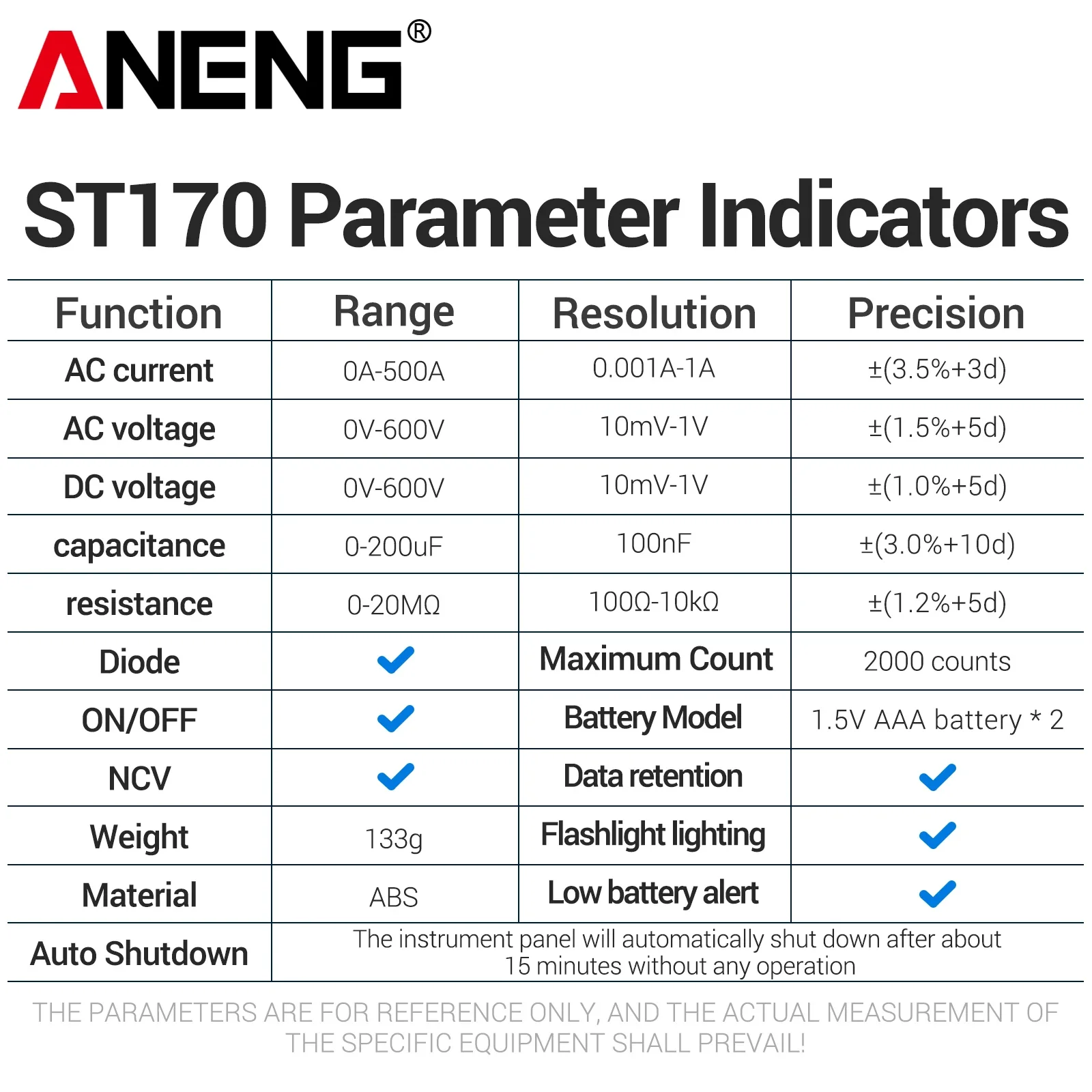 ANENG ST170 Multifunctional Clamp Meter 500A AC Current 600V AC/DC Voltage with Flashlight Lighting Electrician Maintenance Tool