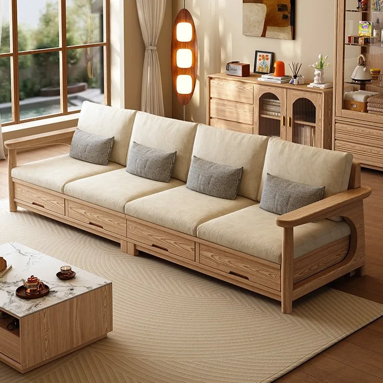 Modern simple solid wood sofa log wind ash wood drawer storage sofa living room new small apartment straight row