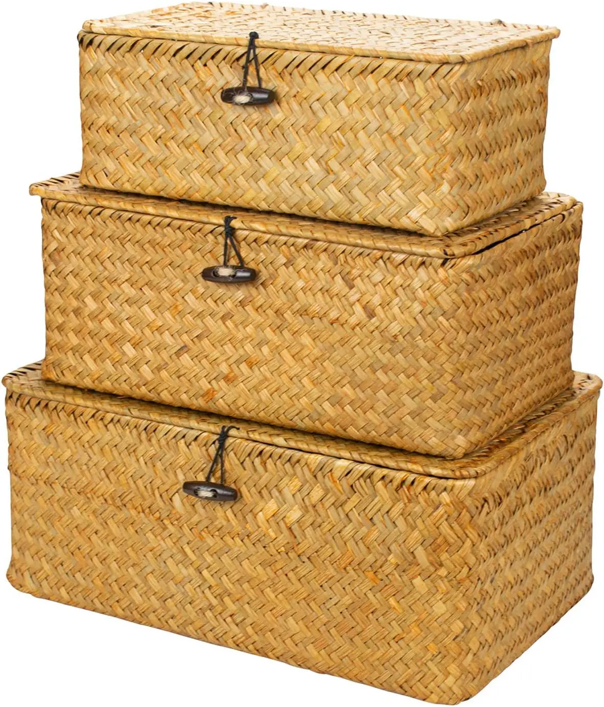 

Set of 3 Handwoven Seagrass Storage Baskets with Lid, Rectangular Organizer for Shelves