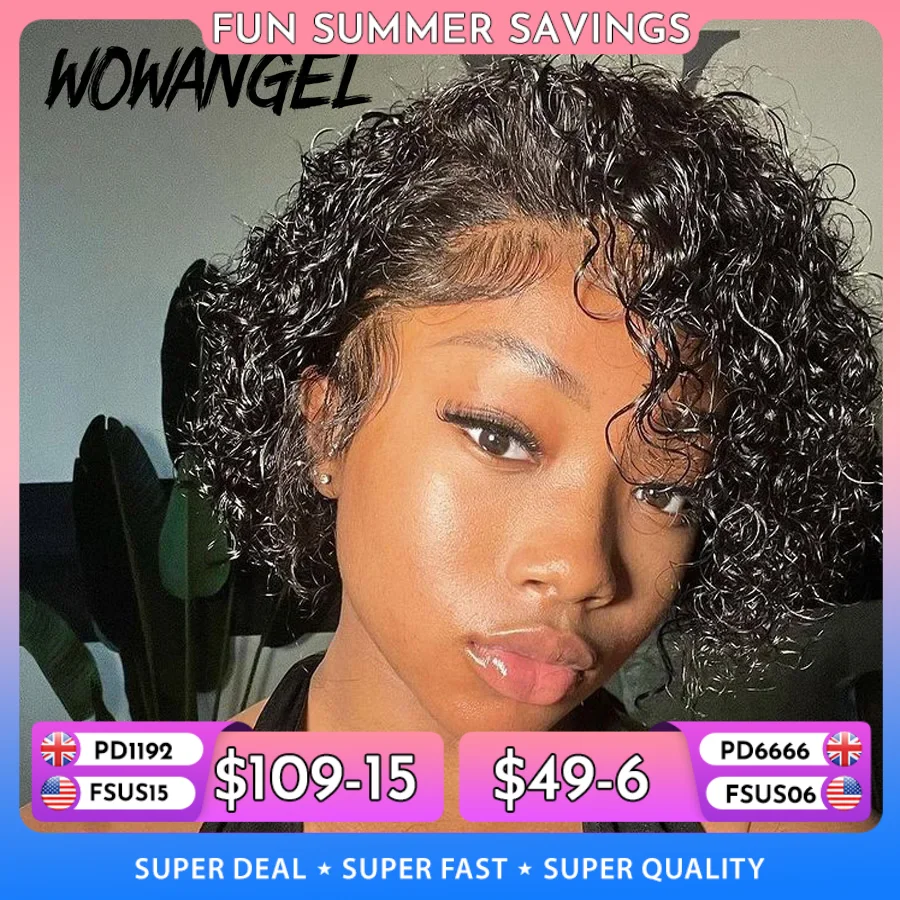 Wow Angel-Perruque courte bouclée coupe lutin, perruques avant en dentelle HD, 250% cheveux humains caution Curly, Melt Skins, perruque en dentelle transparente HD, 13x4