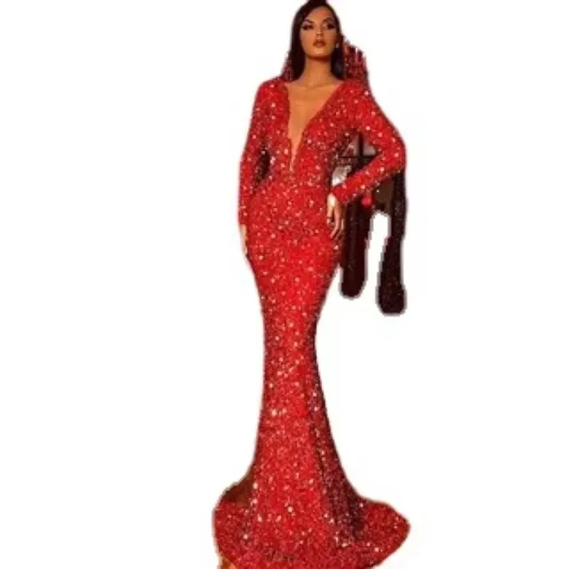 

Elegant red pearl feather evening ball gown