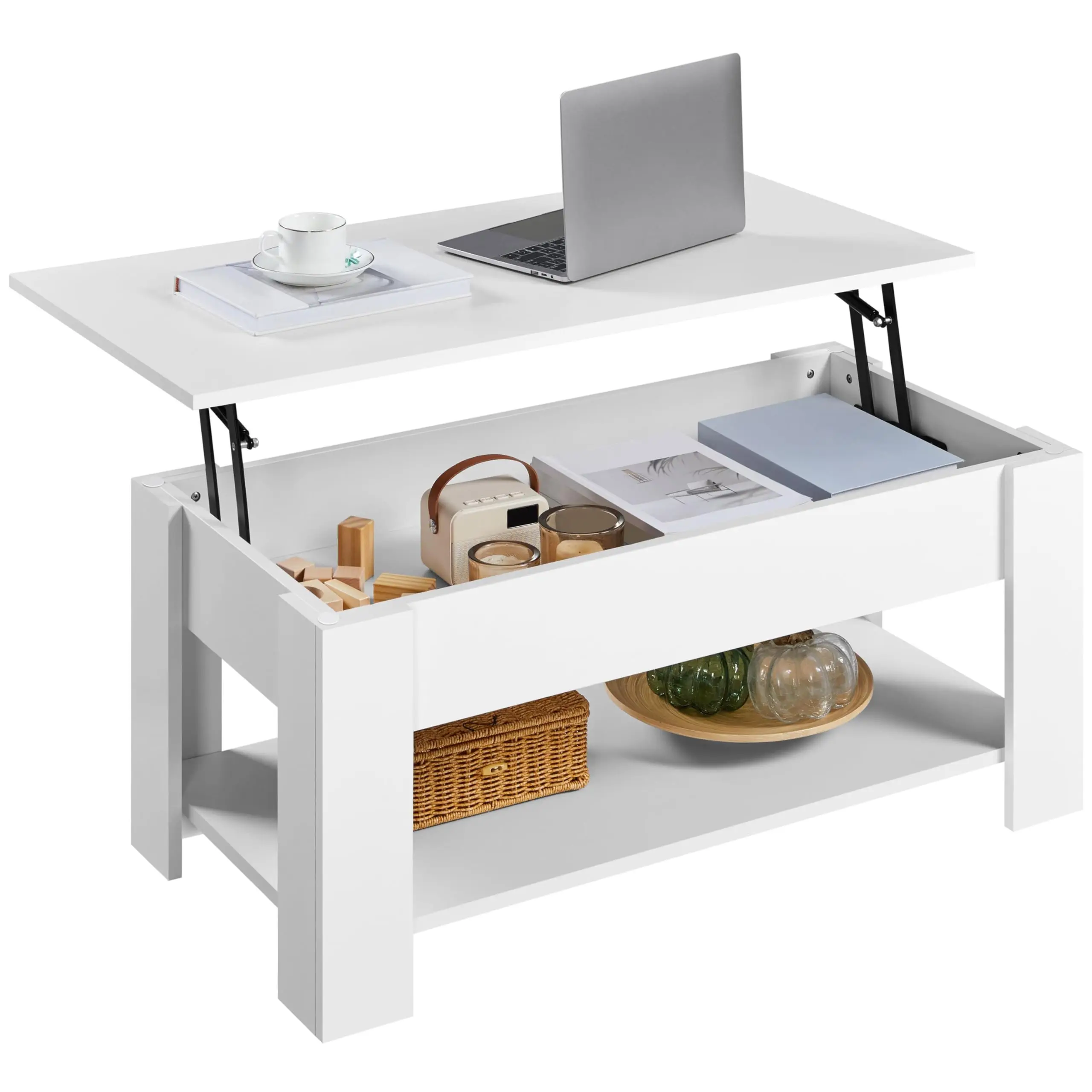 Lift Top Coffee Table, Multi-Functional Raisable Tabletop Desk, Hidden Storage Compartment, Open Storage Shelf, White