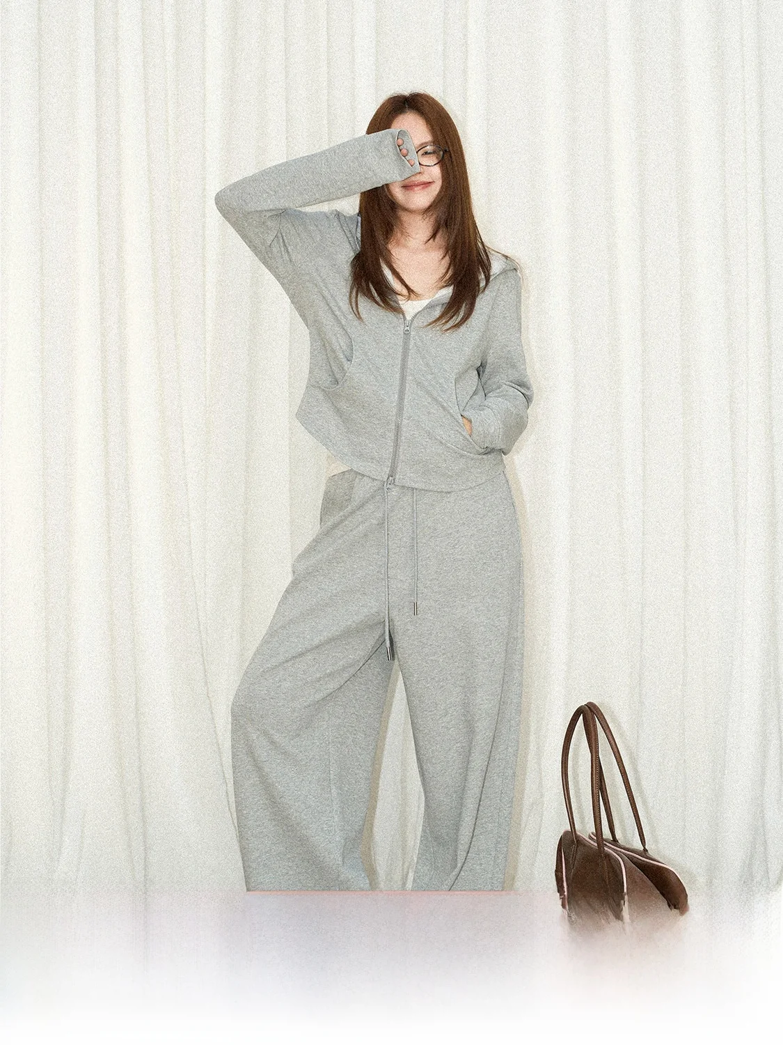 

Jinggu een Label Long Sve Hooded Jaet Double Zipper Wide Leg Pants High Waist Dstring Elastic Hanfu Women's Set