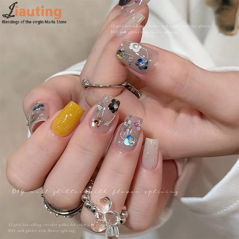 12 Grids Nail Glitter Sequins Kit Mini Round Spliced Flowers Iridescent Sparkle for Acrylic Manicure and Nail Art Design
