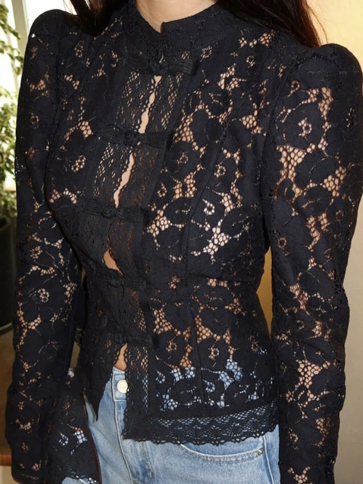 

Women s Floral Lace Blouse Long Sleeve Button-up Fit Elegant Spring Sheer Top for Work or Date Night