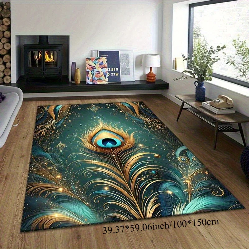 Flannel Printed Peacock Feather Rug Golden Blue Design Soft Fleece Floor Mat Living Room Carpet Luxury Decor Artistic Rugs