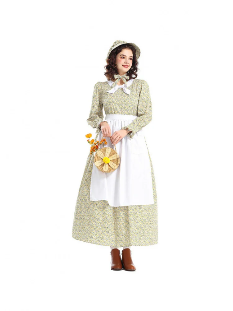 Grembiule Dr con stampa floreale gialla Costume Pioneer loween Performance sul palco Vita alta in poliestere Primavera Autunno Dr da donna