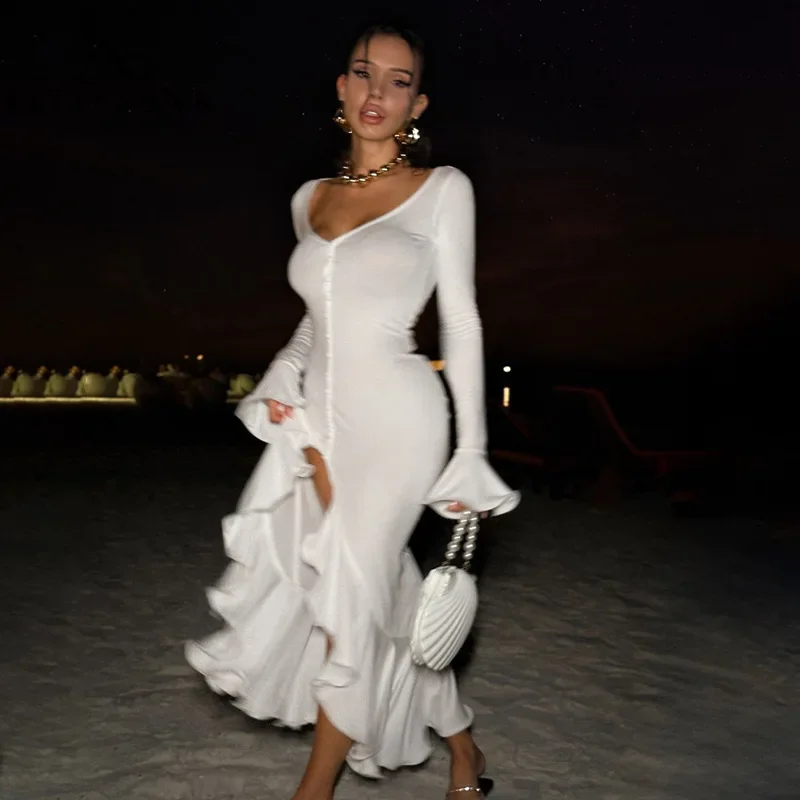 Women White Bodycon Ruffle Flare Long Sleeve Dress V Neck Long Party Dress Women Vocation Dresses Holiday Chic Платье Женское