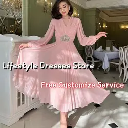 Customized V-Neck Pleated A-Line Rhinestone Prom Dresses Long Sleeves Ankle-length Elegant Evening Party Gown abiti da cerimonia