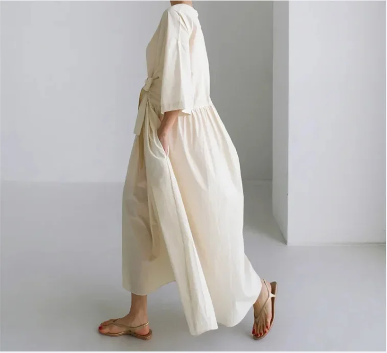 ゆったり大きいサイズロング膝丈ラウンドネックオーバーヘッドドレス 2025 学生ボウノットドレスフェミニンエレガントなスタイル