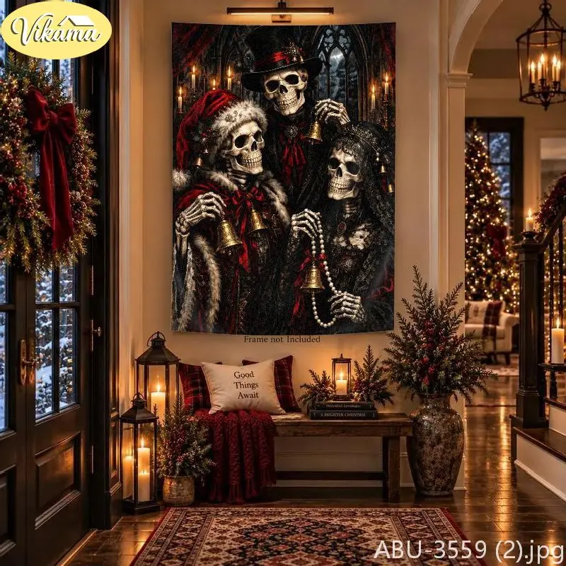 VIKAMA Macabre Holiday Skull Family Santa Claus Wall Tapestry Noir Victorian Festive Room Home Decor Cozy Soft Durable Aesthetic