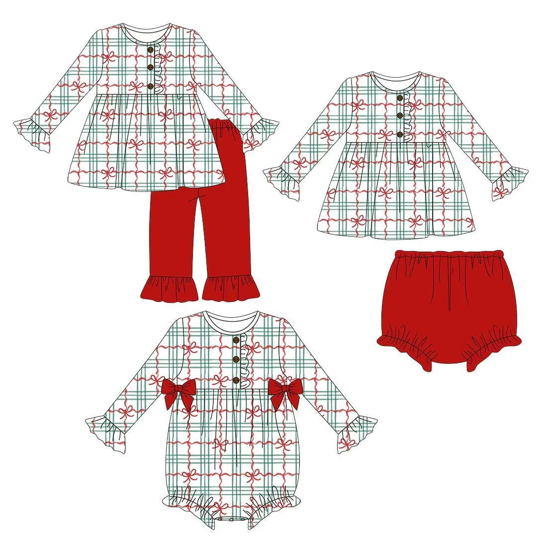 New Christmas Style Green Plaid Ruffled Cuff Long-sleevedTop and Red Trousers Girl Boutique Set and Romper