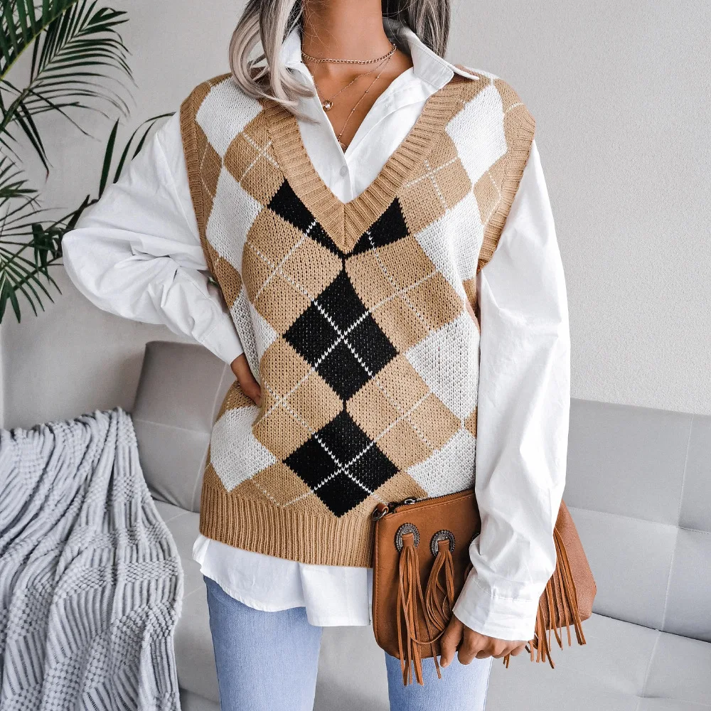 2024 Autumn Winter Women's Sweater College Style Diamond Shaped Pullover V-neck Casual Loose Knit Vest Sweater Women's Clothing