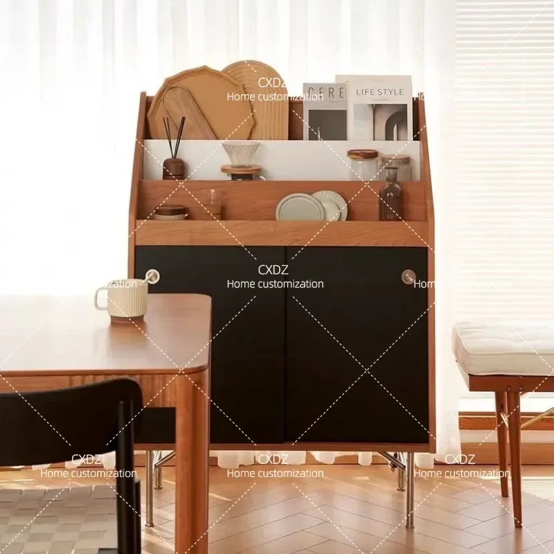 Solid Wood Magazine Cabinet MCM Style Display Rack Living Room Storage Bookcase Color Matching Locker for Books and Magazines