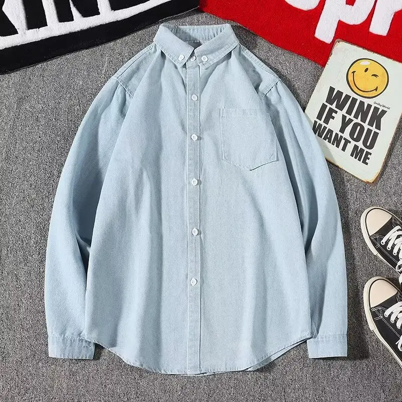 Denim Blouses Men Shirt Vintage Solid Turn Down Collar Full Sleeve Tops Single Breasted Y2k Streetwear Work Shirts 2026 Summer
