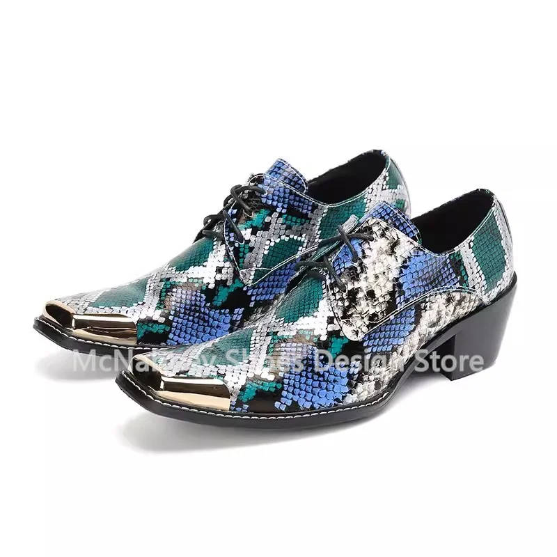 

Camouflage Square Toe Chunky Heel Height Increasing Men's Loafers Snake Scale Pattern Lace-Up Male Party Dress Shoes Oxfords