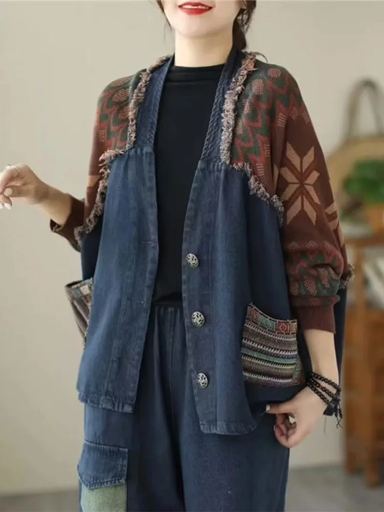 Max LuLu 2022 Autumn Womens Fashion Loose Knitted Patchwork Denim Jackets Ladies Printed Vintage Leisure Coats Punk Streetwear