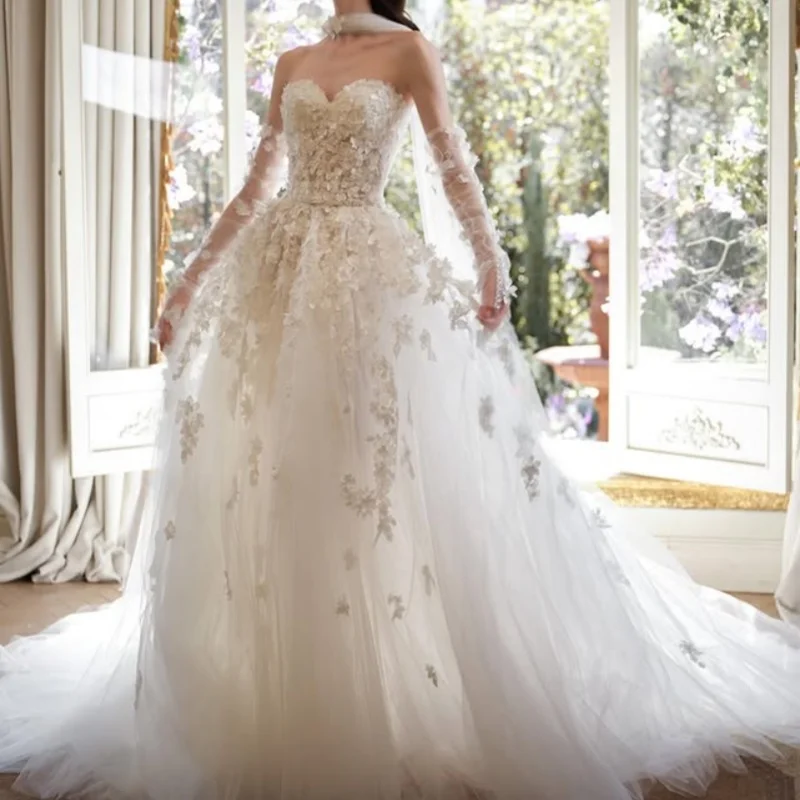 ivory white Appliques Wedding Dresses decal off-shoulder 3D flower Bridal Gowns multi-layer Made Customized