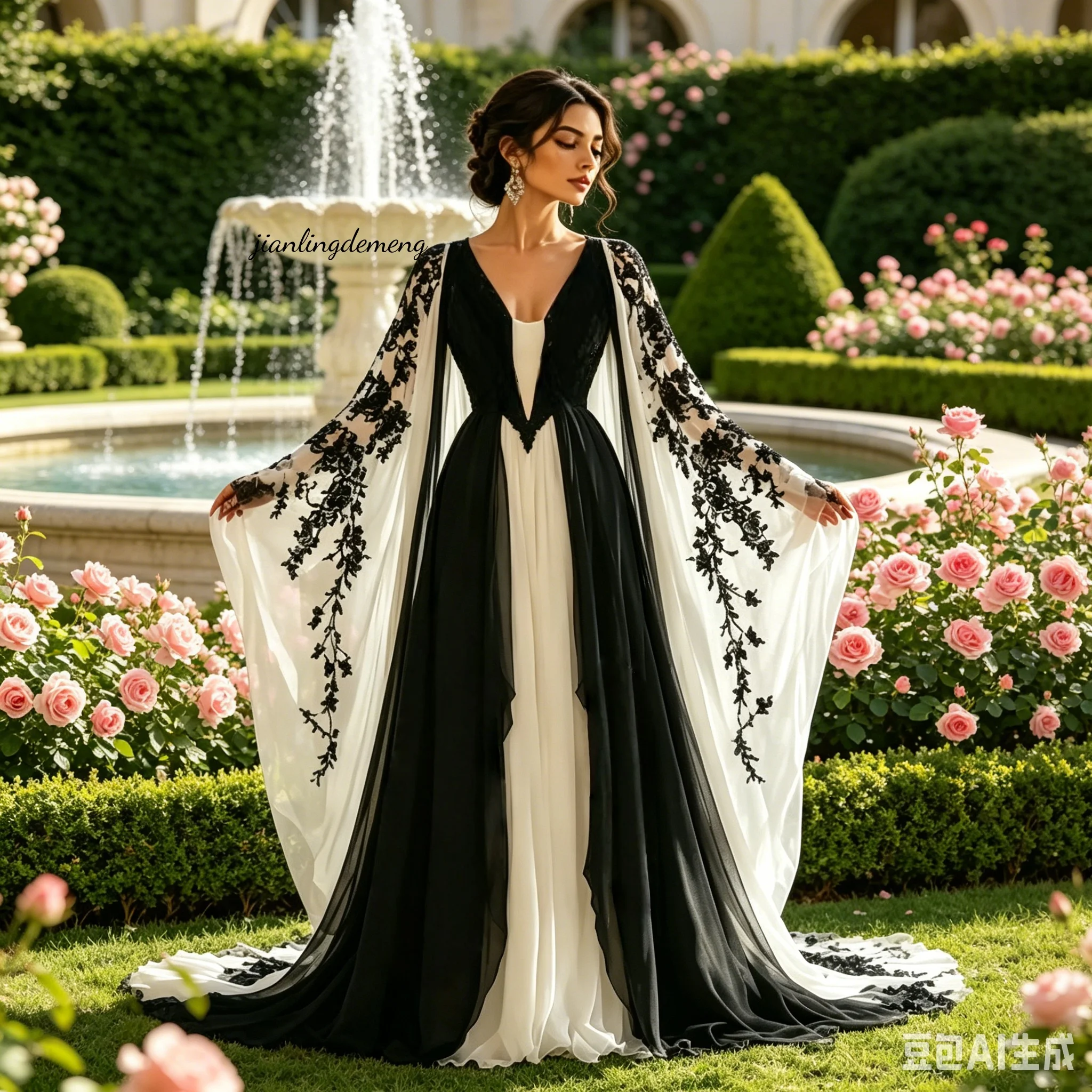 Elegant Black White Chiffon Prom Dress Evening Gown V-Neck Cape Sleeve Lace Applique A-Line Formal Wedding Guest Gown Customized