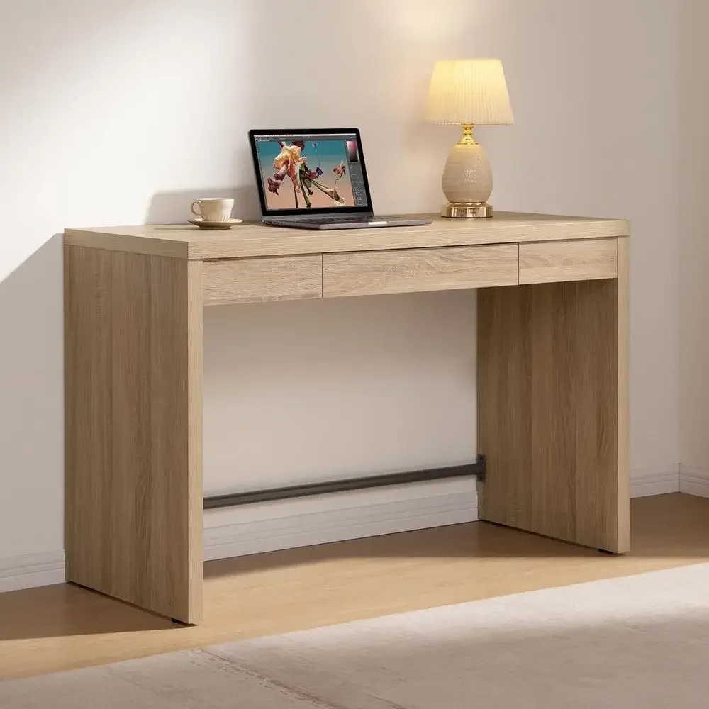 47 Wooden Study Desk for Home Office or Bedroom, Reclaimed Light Oak Finish, Boho Style Vanity Table