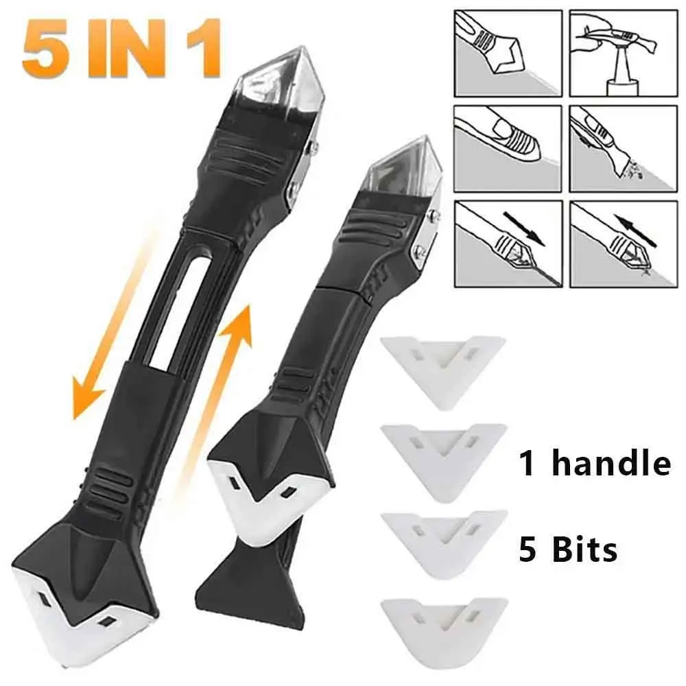 

5 in 1 Metal Head Shovel Glue Tool Silicone Spatula, Caulk Remover, Grout Removal, Sealant Finishing, Corner Scrap Grout Scraper