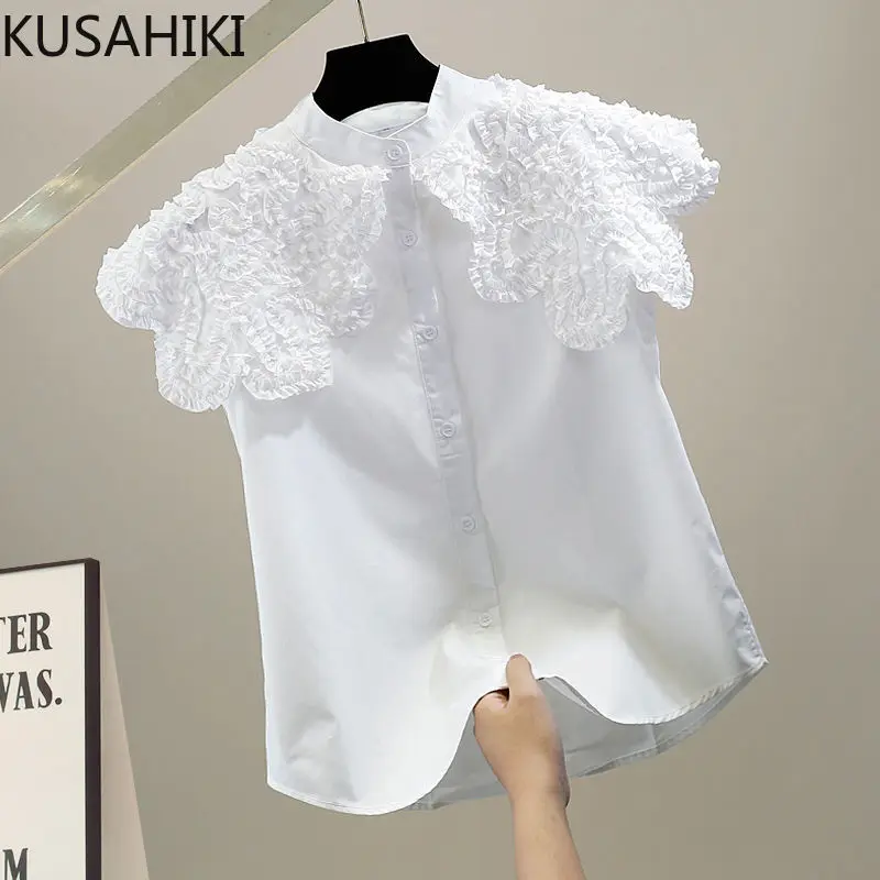 KUSAHIKI Causal Flying Sleeve Womens Top Summer New Korean Blusas Fashion Chic Edible Tree Fungus Ruffle Patchwork Blouse Shirt