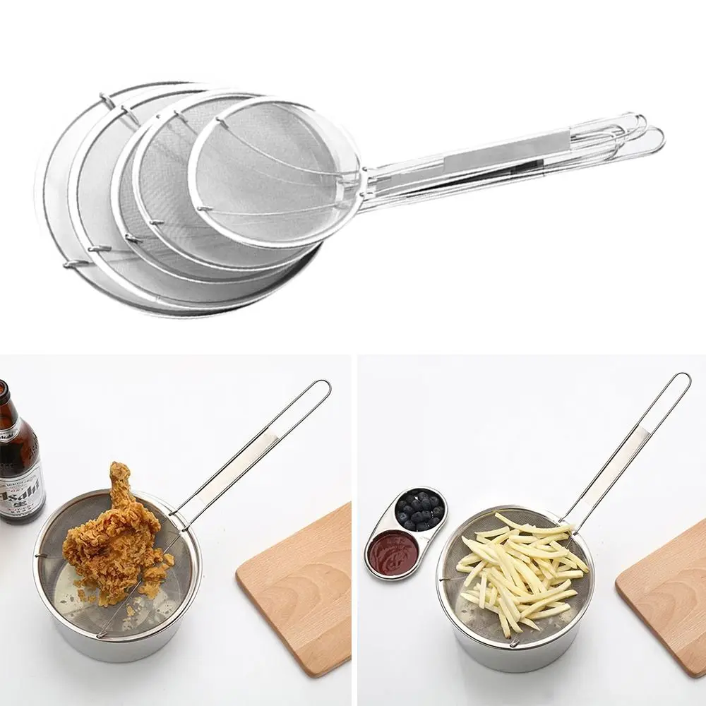 Long Handle Stainless Steel Flour Filter Screen Soybean Milk Filter Screen Cooking Spoon Screen Snack French Fries Kitchen Tools